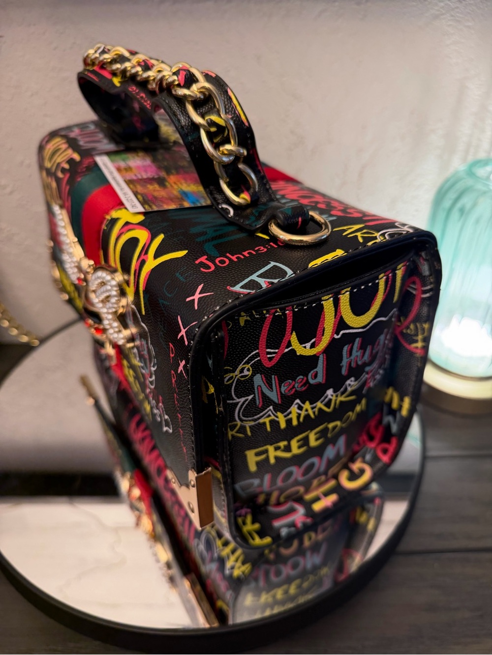 New Black Graphic Bee-Embellished Top-Handle Bag - Picture 2 of 4
